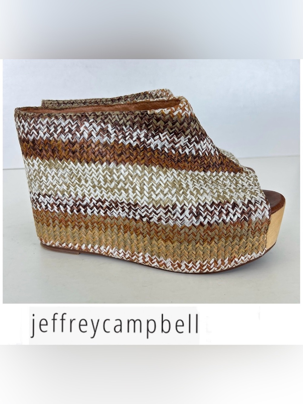 JEFFREY CAMPBELL Virgo Havana Last Fabric Peep Toes Slides Sandal Wedge Sz 8 M